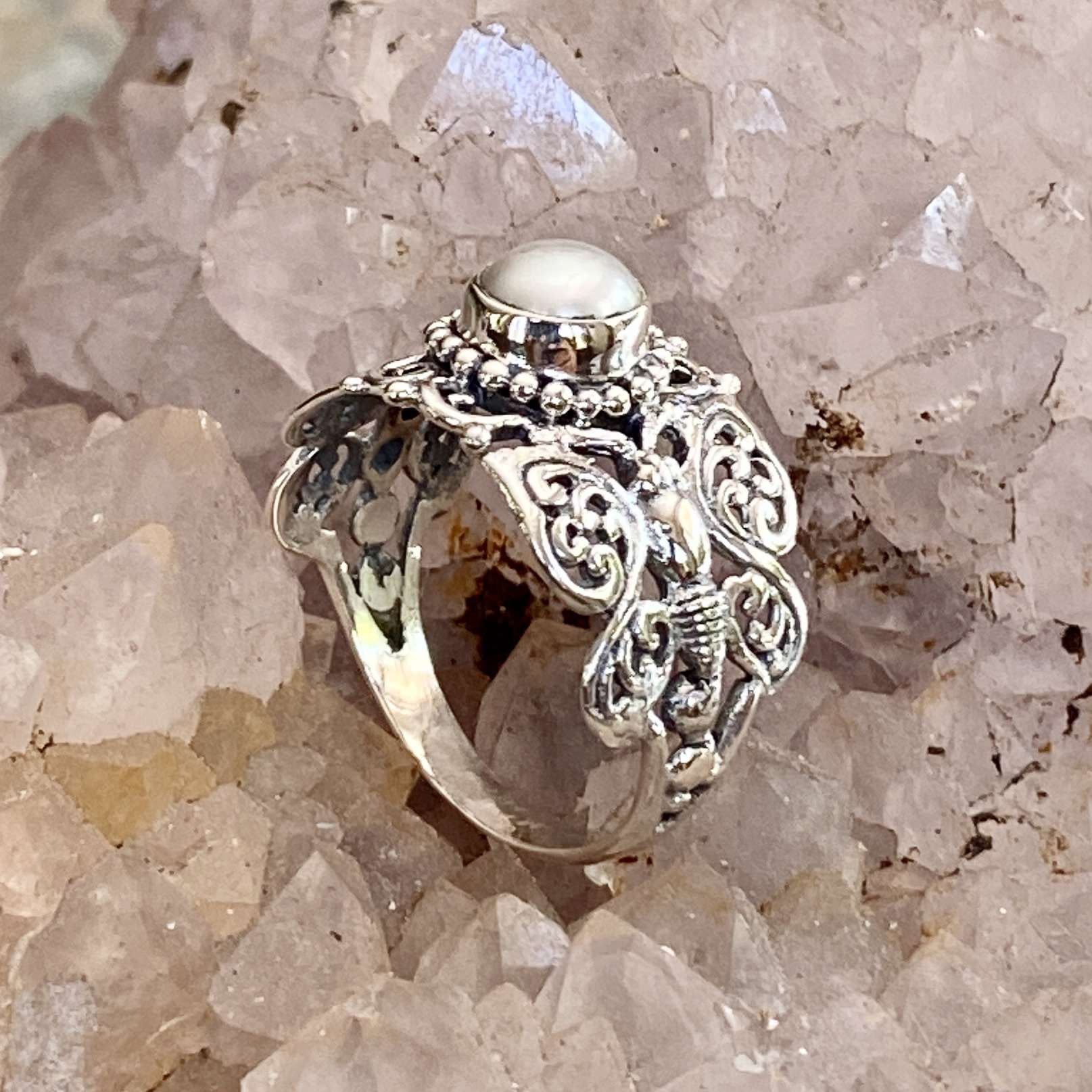 (HANDMADE 925 BALI SILVER FILIGREE RINGS WITH  PEARL)
